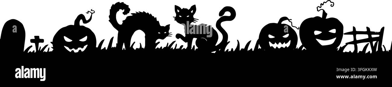 Bordo vettoriale senza cuciture per Halloween con gatti neri, zucche, erba, lapidi con croci. Bordo a silhouette di animali. Illustrazione grafica nera. Animali domestici Illustrazione Vettoriale