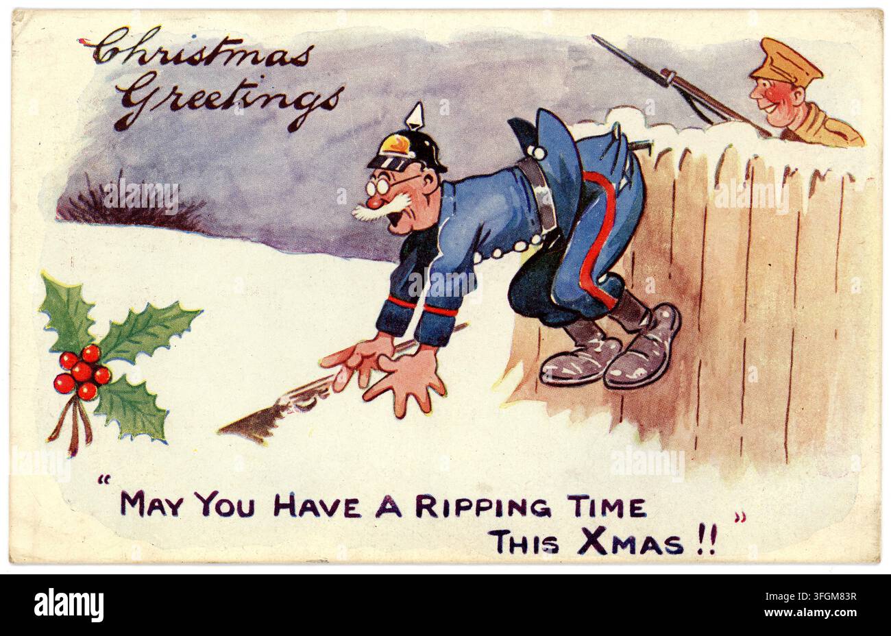 Cartolina di Natale, cartolina natalizia illustrata a fumetti britannica dell'era della Prima Guerra Mondiale, propaganda anti-Kaiser inviata il 23 dic. 1914, Regno Unito. Foto Stock