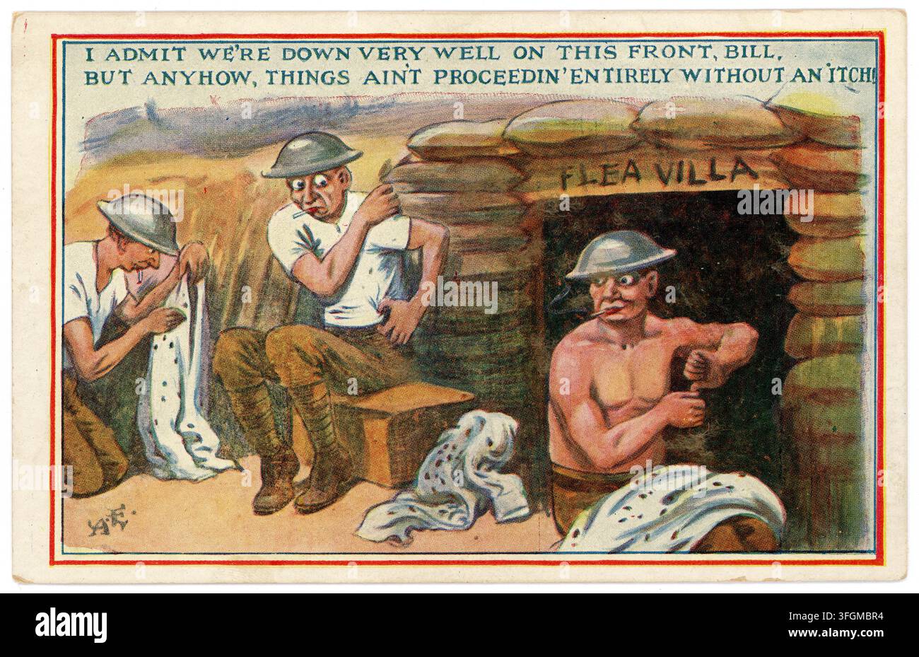 Cartolina militare a fumetti della Prima Guerra Mondiale, umorismo da trincea, Tommys, soldati che prudono per le pulci nelle trincee del fronte, dell'illustratore Syd Arthur Inglese UK Foto Stock