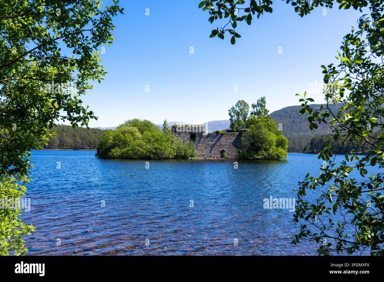 Rovine di un castello su un'isola nel mezzo di un Loch an Eilein nelle Highlands scozzesi, Regno Unito Foto Stock