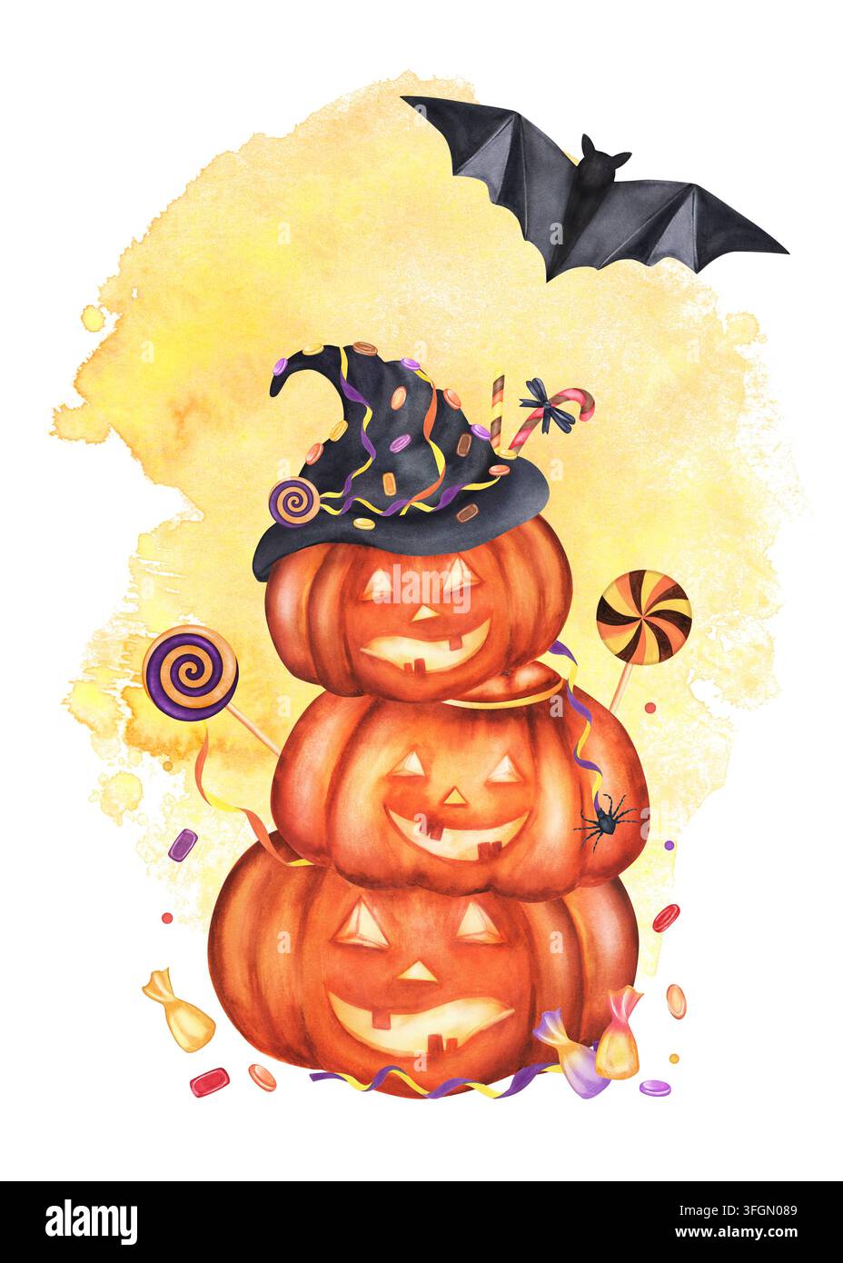 Biglietto di auguri di Halloween con jack-o-lantern impilati come un pupazzo di neve, con un cappello da strega, una pipistrella, un ragno, lecca-lecca e caramelle. Dipinto a mano wate Foto Stock