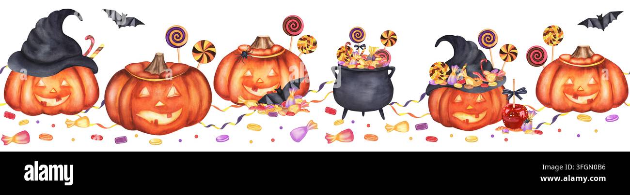Bordo orizzontale senza cuciture per Halloween in acquerello: una fila di cinque lanterne di Halloween luminose con cappelli, un calderone di caramelle, pipistrelli, un ragno e lecca-lecca. Fo Foto Stock