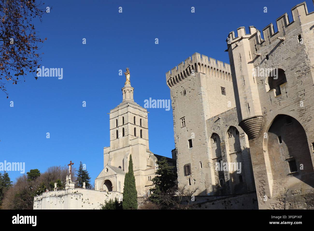 Il palazzo papale ad Avignon, visto dall'esterno, città di Avignon, dipartimento di Vaucluse, Francia Foto Stock