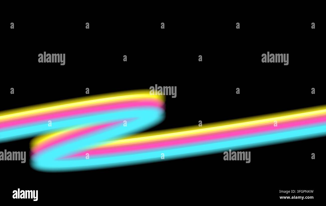 Sfondi nero con linee neon ondulate luminose gialle, rosa e blu e spazio per il testo. Foto Stock