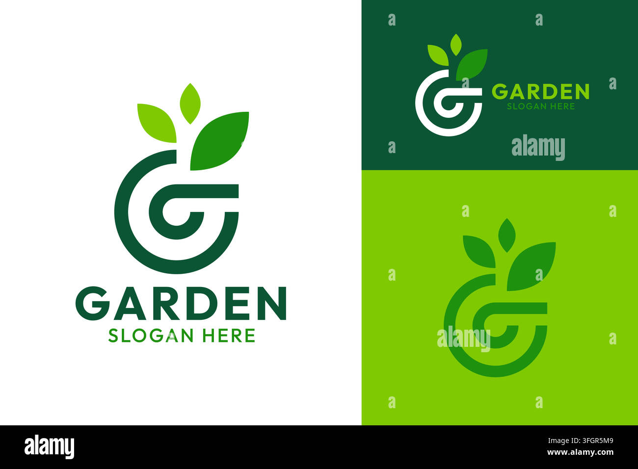 Icona logo monoline a forma di foglia con lettera G minimalista per il design del branding della natura del giardino Illustrazione Vettoriale