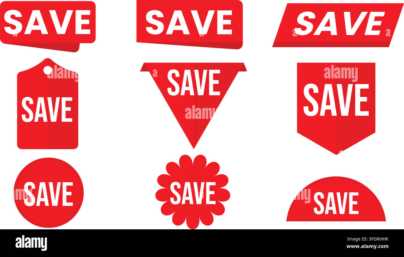 Collezione di adesivi piatti vettoriali a forma di badge rosso con scritta SAVE in diverse forme Illustrazione Vettoriale
