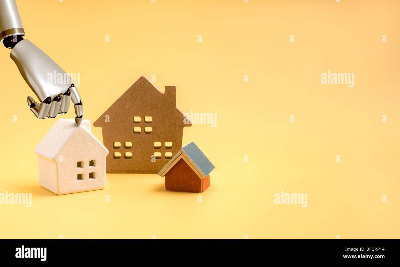 Una mano robotica seleziona una casa modello tra diverse opzioni immobiliari. Raccomandazioni immobiliari alimentate dall'IA, acquisto intelligente di case, abbinamento automatizzato delle proprietà Foto Stock