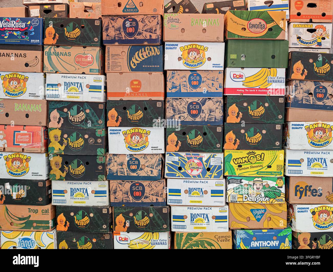 Sibiu City, Romania – 13 settembre 2026 una grande pila di scatole di spedizione in cartone colorate per banane di varie marche come Bonita, Manolito, Dole e Foto Stock