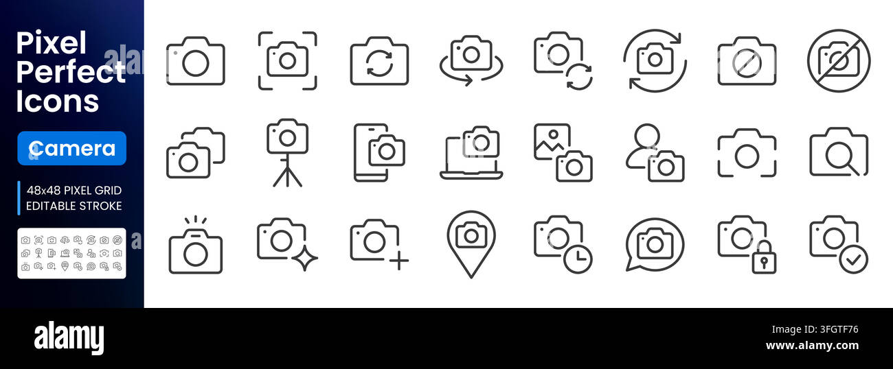 Set di icone lineari per fotocamera. Autofocus della fotografia, rotazione, sincronizzazione, treppiede, webcam, ricerca foto, timer flash, illustrazione vettoriale minima della posizione. Semplice Illustrazione Vettoriale
