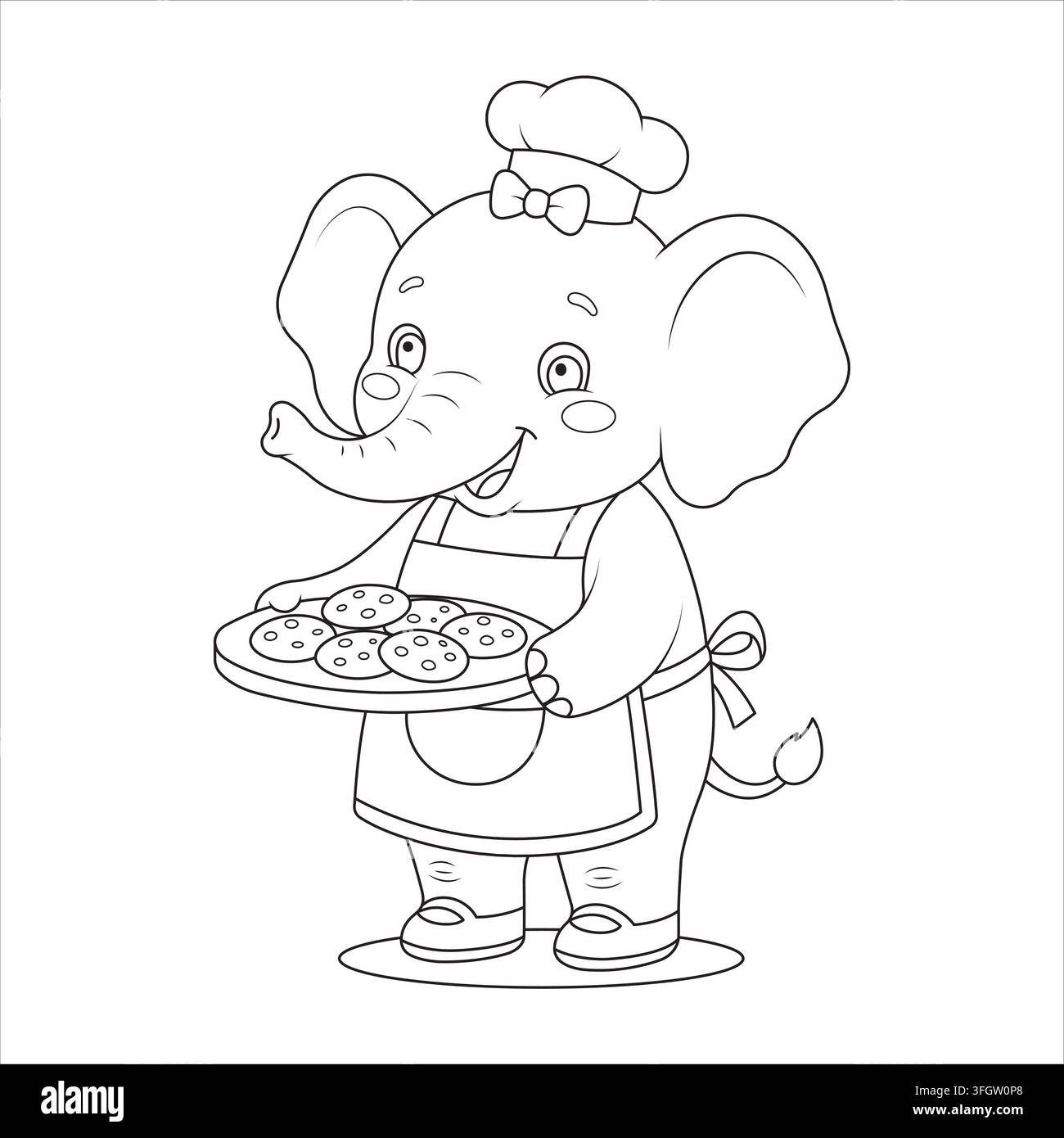 Biscotti dolci appena sfornati presentati da un simpatico cucciolo di elefante Illustrazione Vettoriale