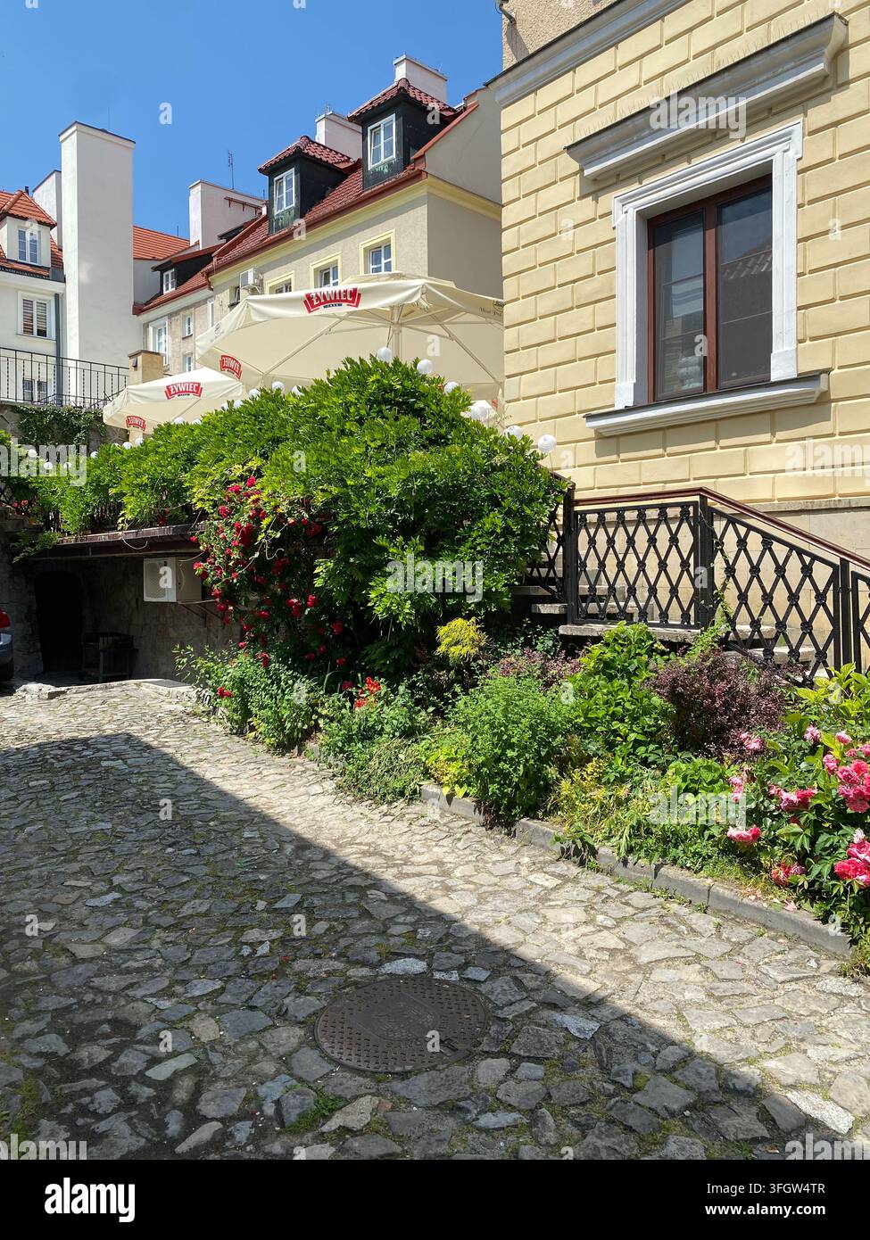 Piante in fiore e vegetazione rampicante accanto a un edificio storico giallo su un vicolo lastricato soleggiato Foto Stock