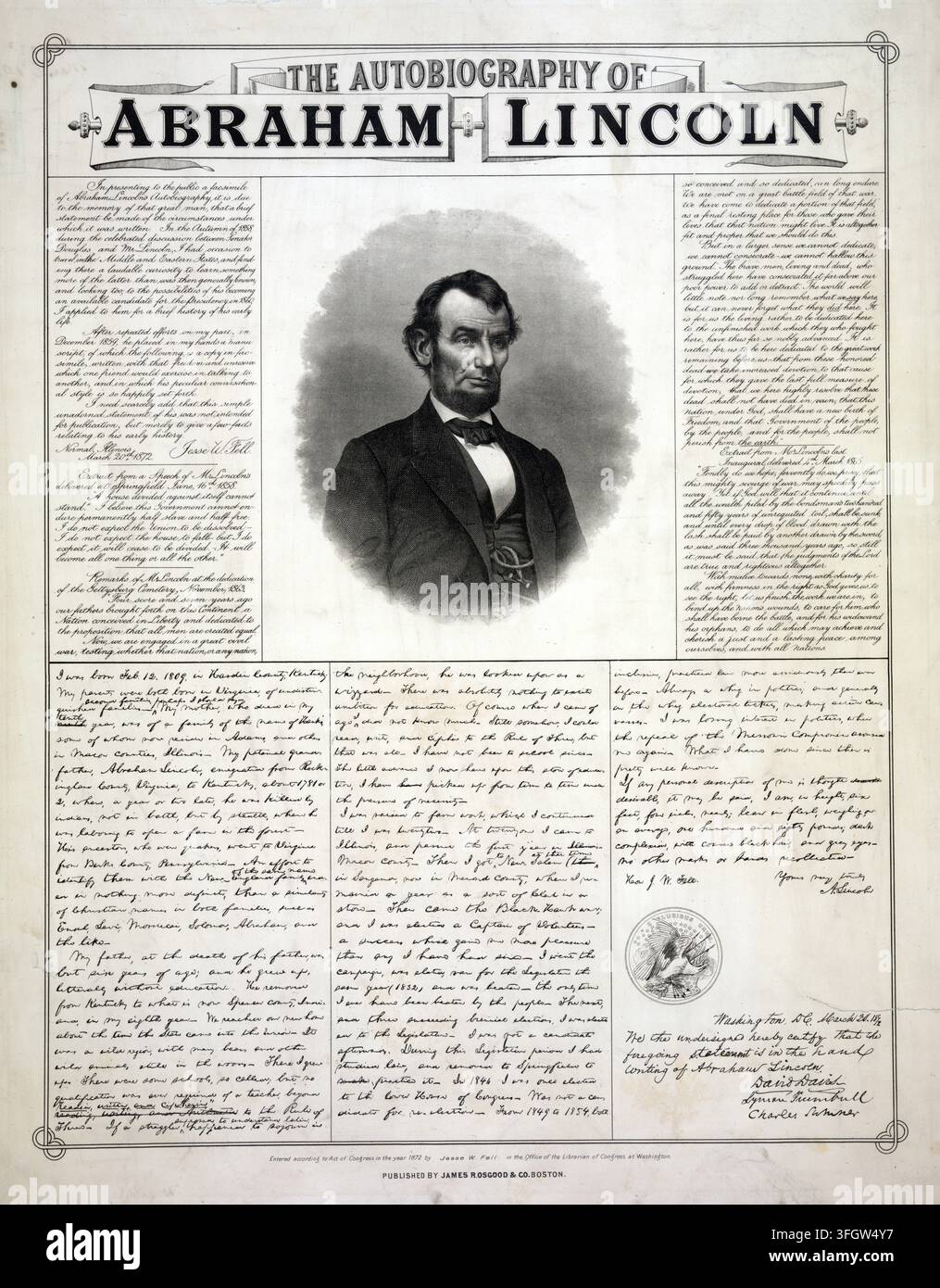 "L'Autobiografia di Abraham Lincoln, poster litografico pubblicato nel 1872 da James R. Osgood & Co. a Boston. Il documento combina testo stampato, elementi manoscritti e ritratti per commemorare la vita e i discorsi principali del 16° presidente degli Stati Uniti. Storico, storia americana, autentico, riproduzione restaurata digitalmente da un originale del XIX secolo; data esatta della rappresentazione sconosciuta." Foto Stock
