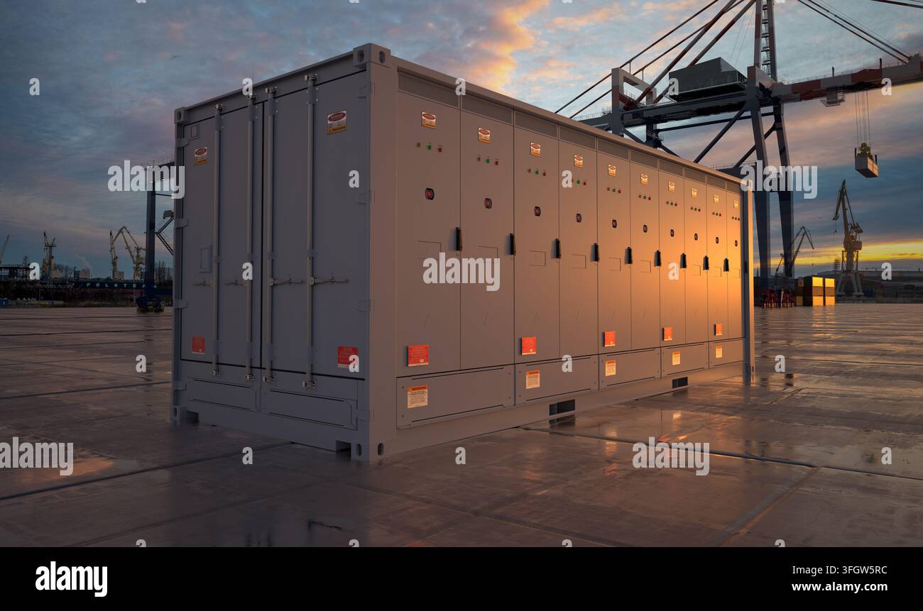 Un impianto di accumulo di energia elettrica basato su container dopo lo scarico al molo del porto Foto Stock