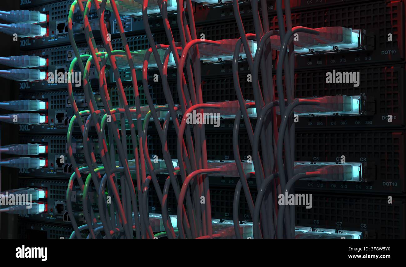 Infrastruttura di rete della sala server, data center, rack server, cavi di rete Foto Stock
