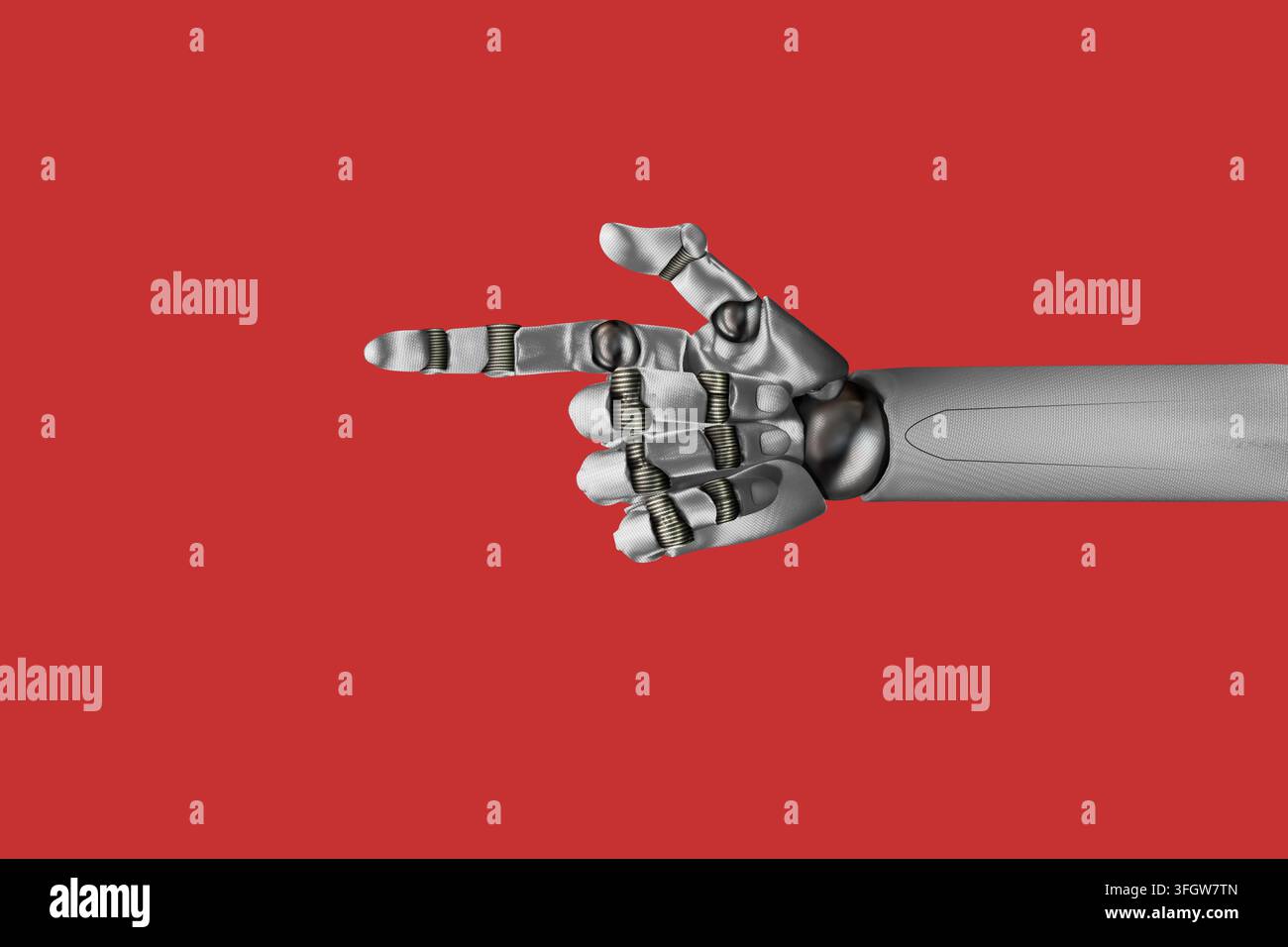 Mano robotica cyborg bianca che punta il dito, piegata come una pistola. Rischi associati al concetto di IA. Foto Stock