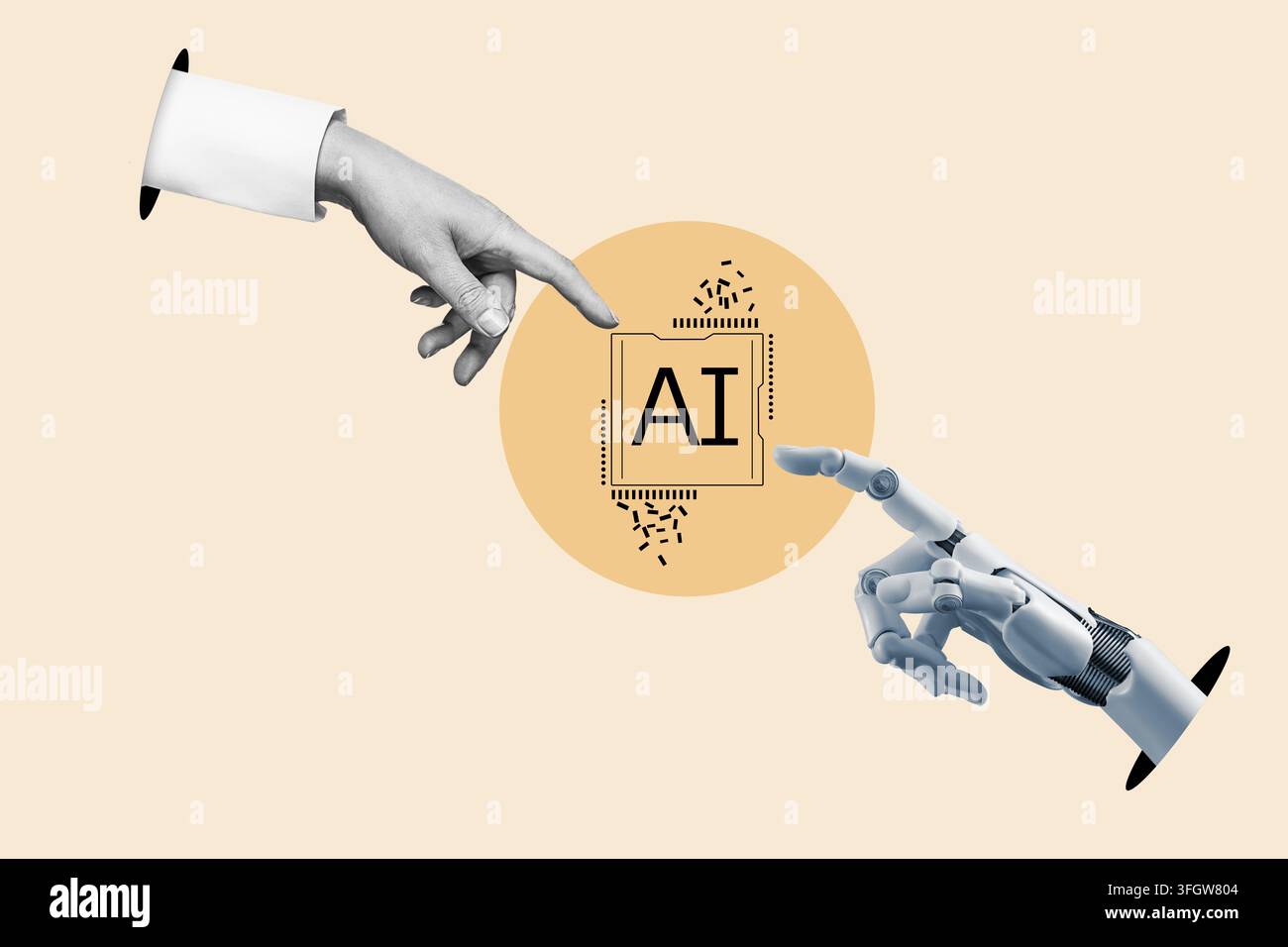 Mano robotica cyborg bianca che punta il dito verso la mano umana con il dito teso verso il simbolo ai: Cyber la Creation. Collage artistico con design piatto. Foto Stock