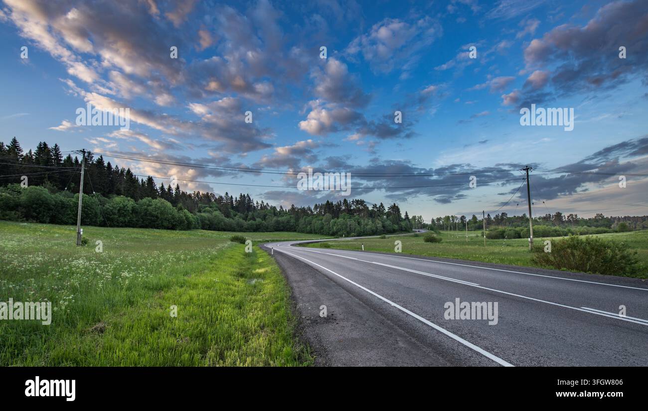 Lunga strada si estende attraverso un campo verde sotto un cielo nuvoloso. Gli alberi costeggiano l'orizzonte nella morbida luce serale. La strada si inoltra in lontananza con linee bianche tratteggiate Foto Stock
