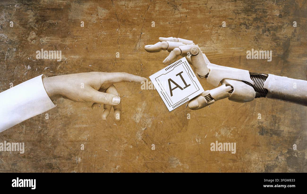 La mano robotica cyborg bianca tiene la tecnologia dell'intelligenza artificiale nel dito e una mano umana estende il dito per questo: Rendering 3D isolato su backgrou dal design piatto Foto Stock