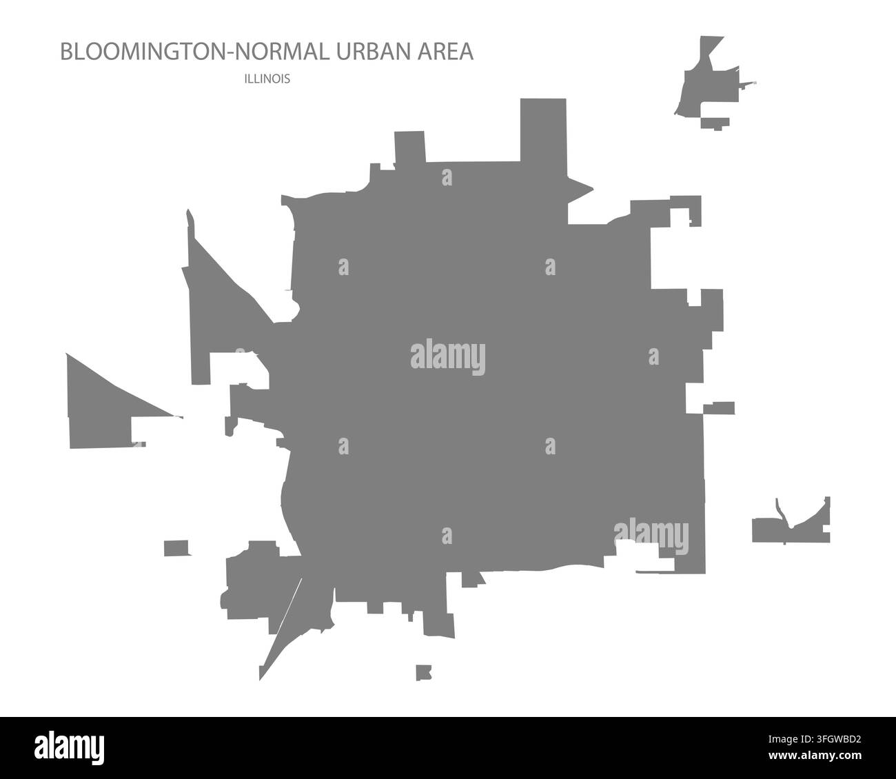 Mappa vettoriale piatta moderna dell'area urbana di Bloomington-Normal, Illinois, Stati Uniti. Silhouette dettagliata del confine dell'area in grigio su sfondo bianco. Illustrazione Vettoriale