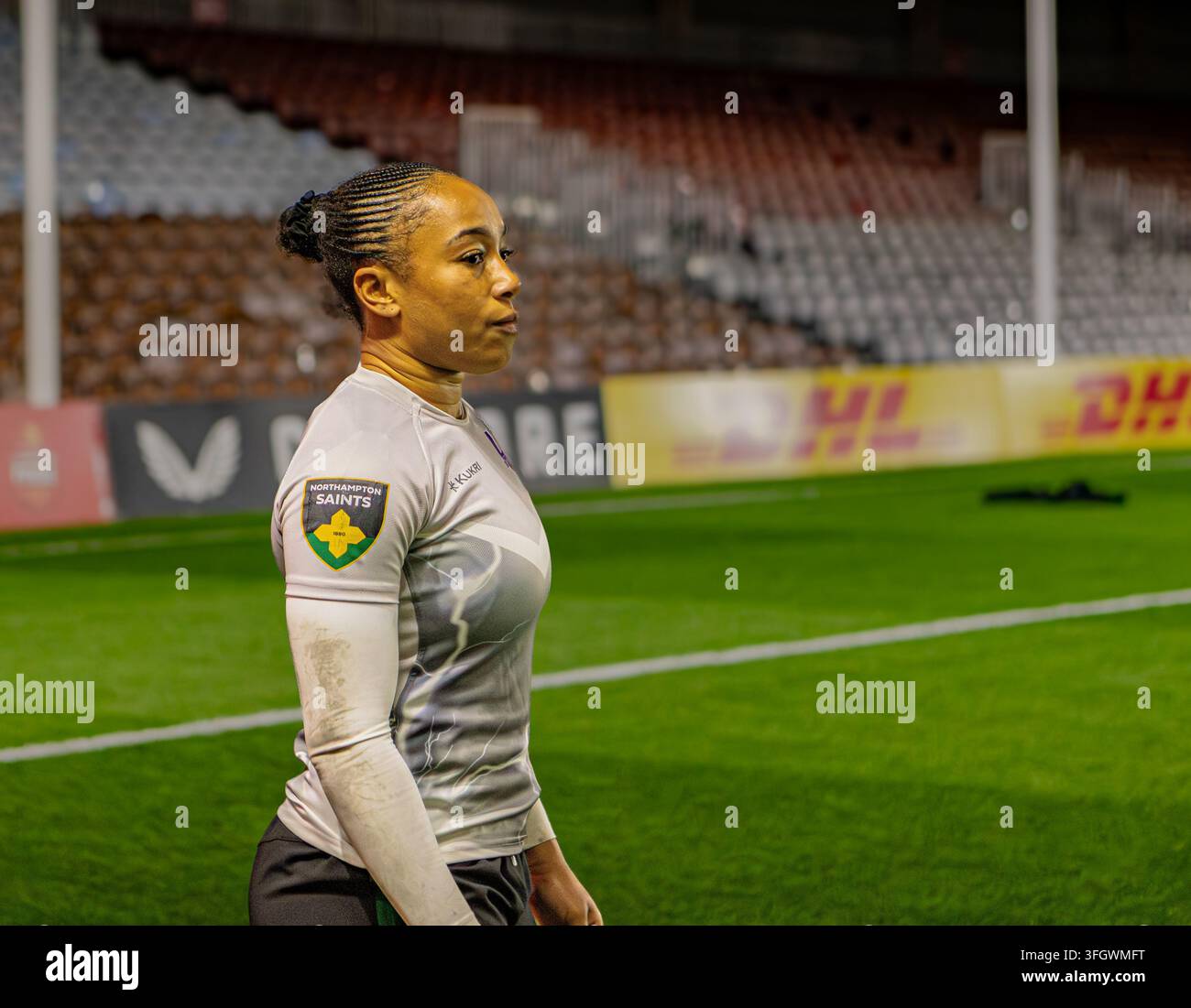 24 ottobre 2025, Sadia Kabeya del Loughborough Lightning che si riscalda prima della partita Harlequins contro Loughborough Lightning PWR allo Stoop Foto Stock