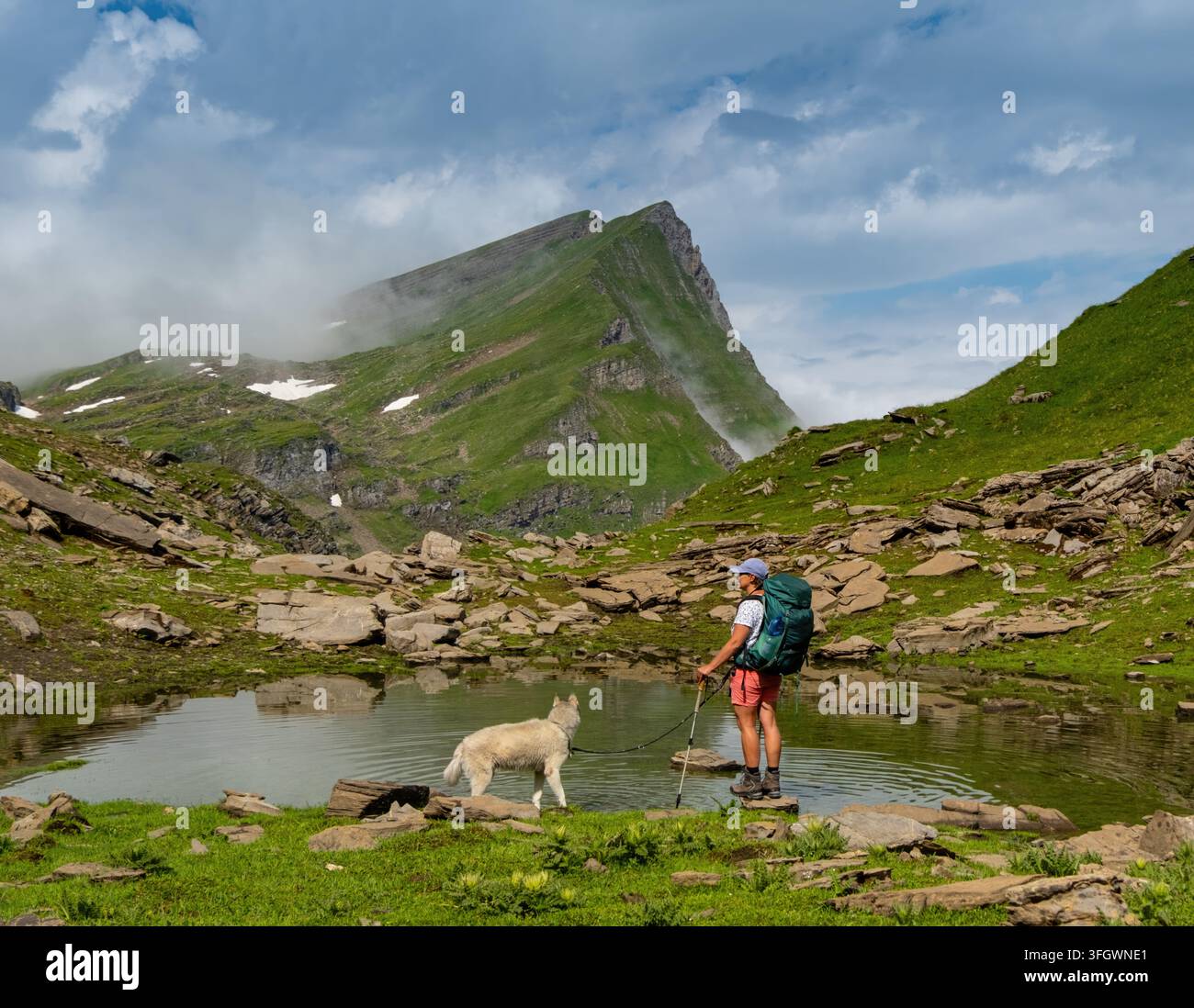 Una persona si trova accanto a un tranquillo lago di montagna, godendosi un'avventura all'aria aperta di successo con il proprio cane. Lussureggianti colline verdi e paesaggi rocciosi circondano Foto Stock