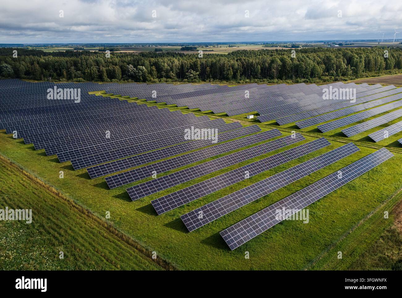Vista aerea di una grande fattoria di pannelli solari in un paesaggio rurale con alberi e campi, installazione di energia rinnovabile. Foto di alta qualità Foto Stock