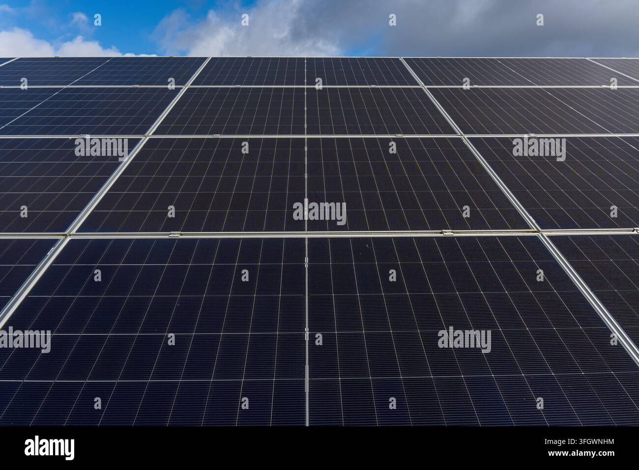 Array di pannelli solari con celle fotovoltaiche scure sotto un cielo parzialmente nuvoloso. Foto di alta qualità Foto Stock