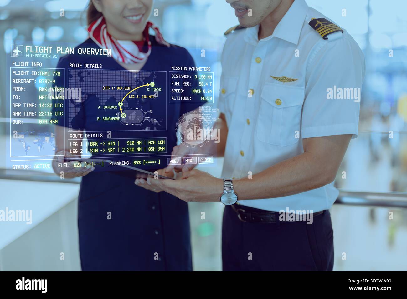 Pilota asiatico che utilizza uno schermo ologramma moderno con interfaccia di realtà virtuale del piano di volo IA e tecnologia intelligente, ufficiale del terminal aeroportuale con sistema IA Aviation N Foto Stock