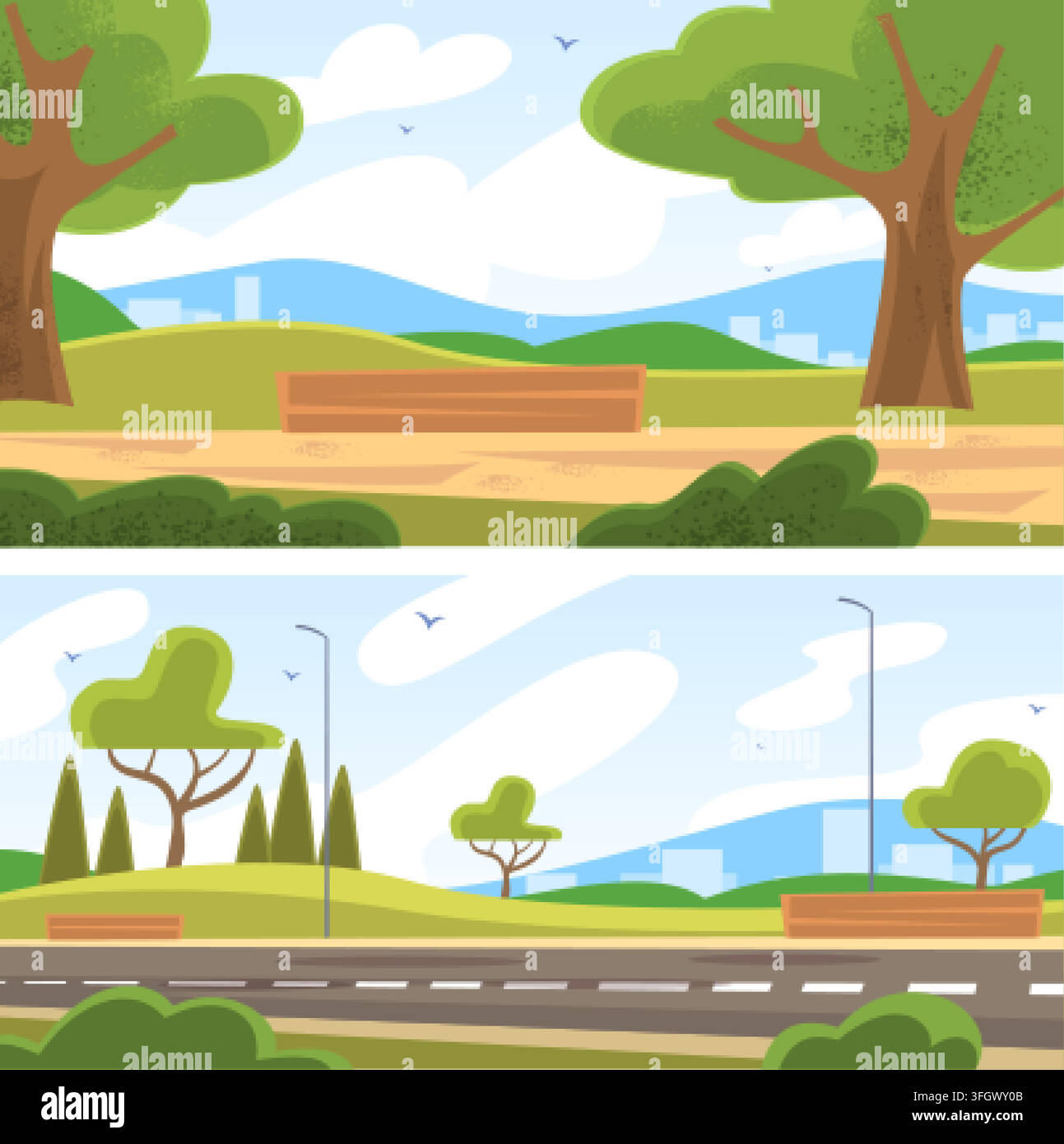 Sfondo cartone animato del parco cittadino. Paesaggio da giardino stradale, alberi cielo nuvole erba panchina sentiero vista estiva soleggiata città natura scenario luogo pubblico verde illustrazione vettoriale opera originale Illustrazione Vettoriale
