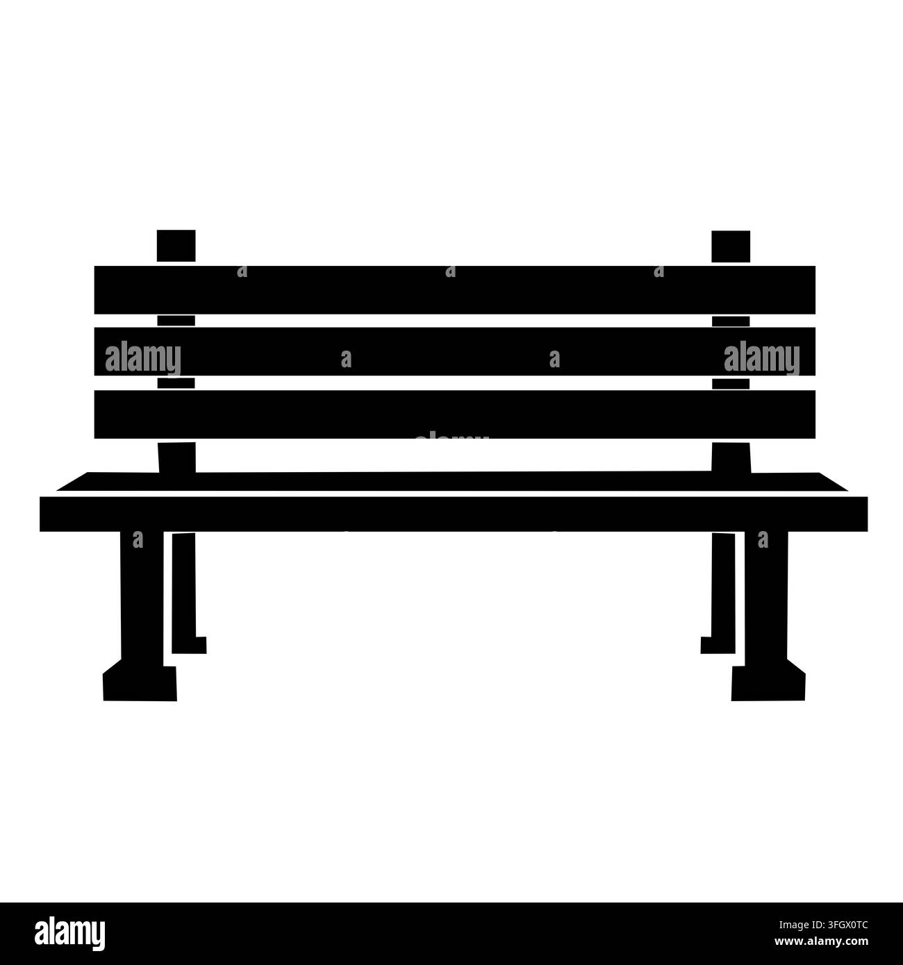 Illustrazione geometrica minimalista in bianco e nero di una panchina di legno vuota vista di fronte e isolata su sfondo bianco. Foto Stock