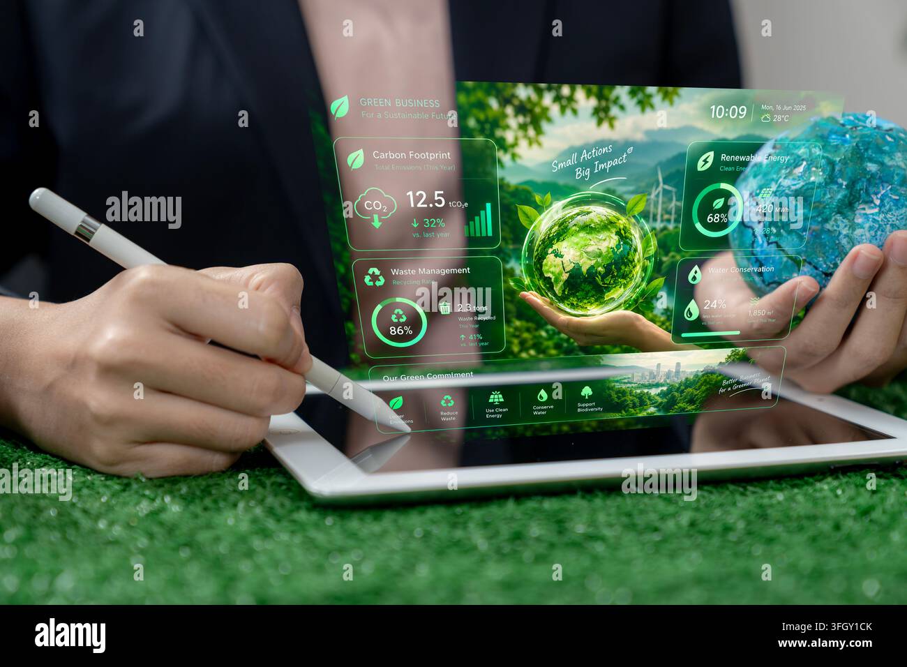 Primo piano di mani che utilizzano un tablet digitale che mostra infografie aziendali eco-compatibili e sostenibili. Foto Stock