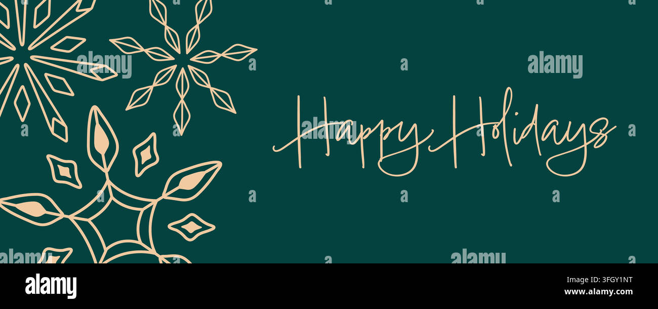 Elegante banner natalizio verde "Happy Holidays" vettore disegnato a mano per l'inverno Illustrazione Vettoriale