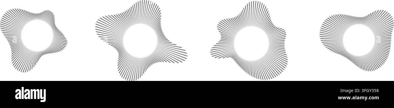Modelli di onde sonore circolari con linee di esplosione radiali e anelli concentrici su sfondo bianco. Illustrazione Vettoriale