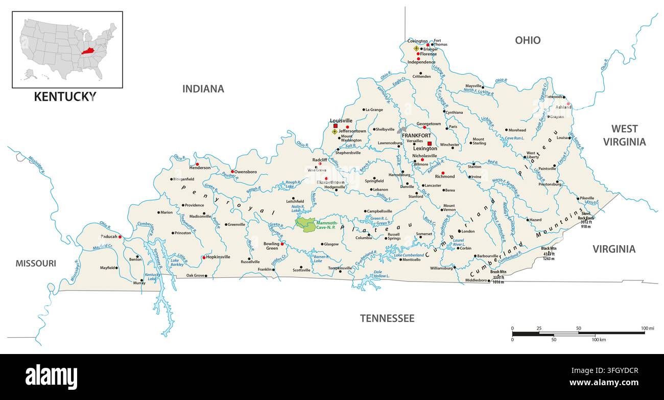 Mappa dello stato statunitense del Kentucky Foto Stock