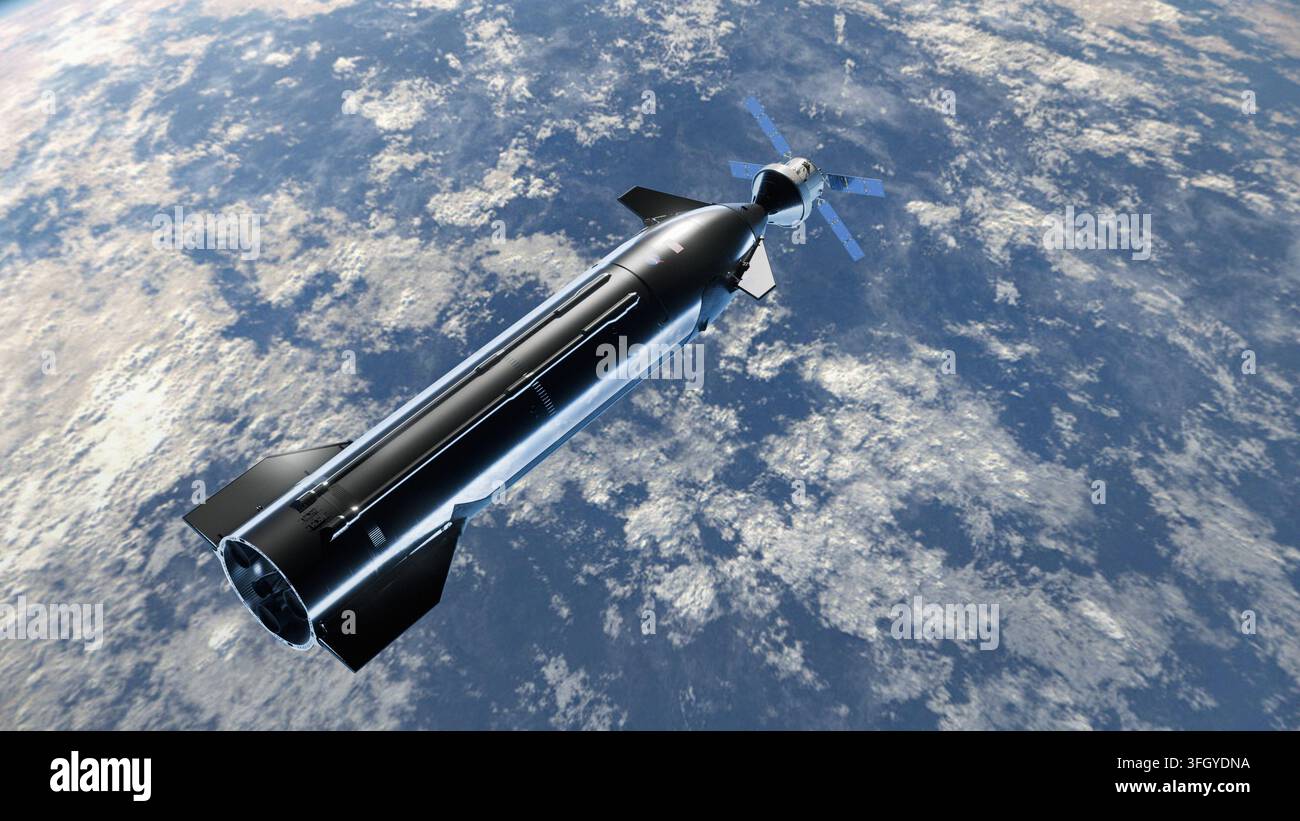 Questi concetti artistici raffigurano la navicella spaziale Orion della NASA e l'articolo di prova del sistema di atterraggio umano Starship di SpaceX durante l'operazione di rendezvous e aggancio Foto Stock