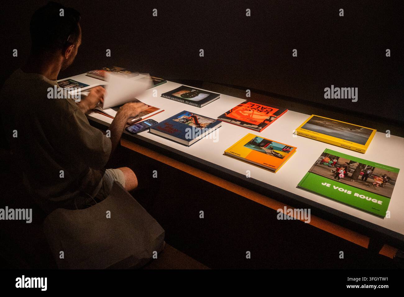 Persona che osserva libri parte di una mostra, Recontres d'Arles. Foto Stock