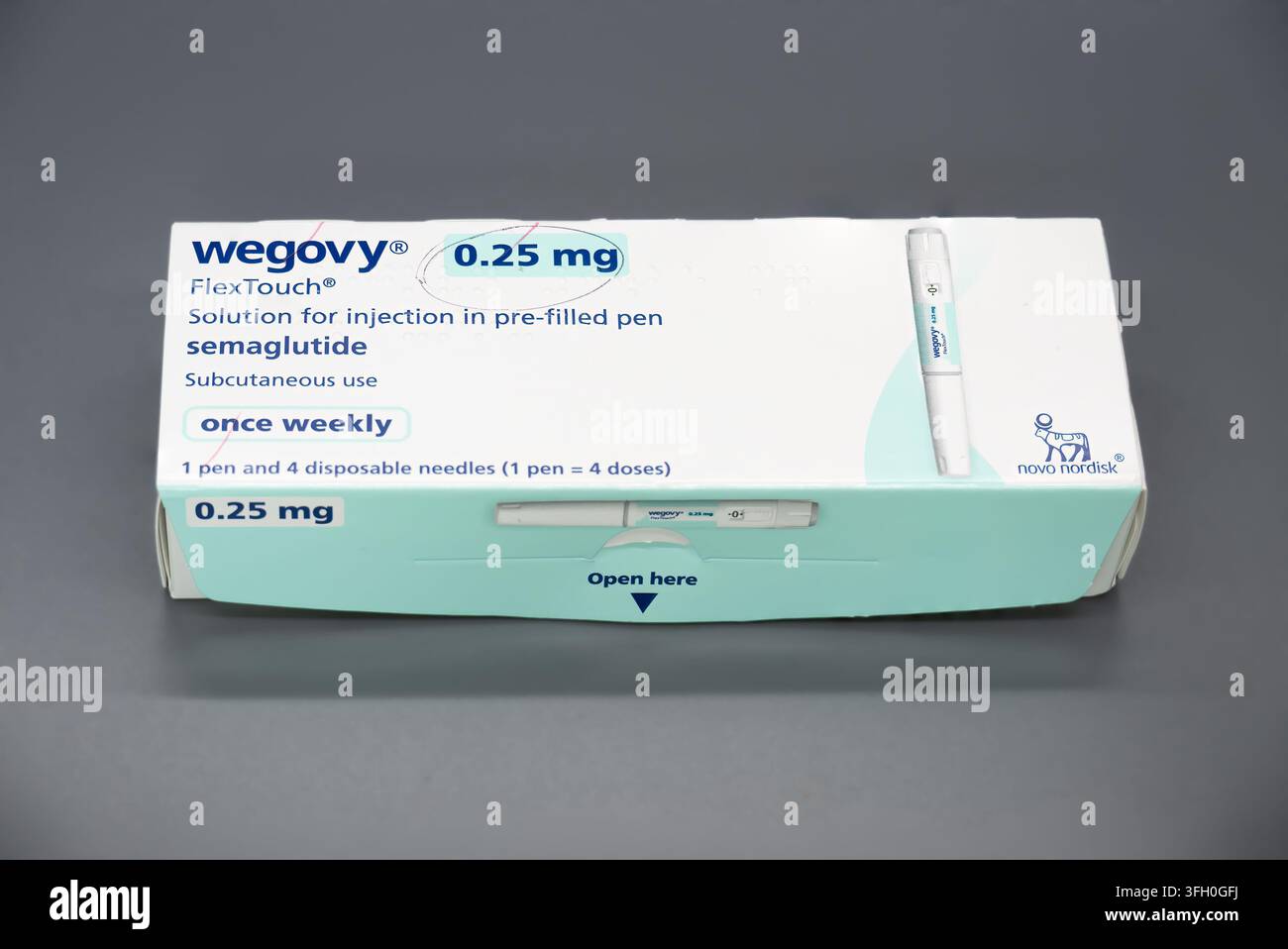 Vista frontale della scatola di imballaggio di una penna preriempita Wegovy 0,25 mg FlexTouch prodotta da Novo Nordisk, contenente soluzione di semaglutide per iniezione sottocutanea Foto Stock