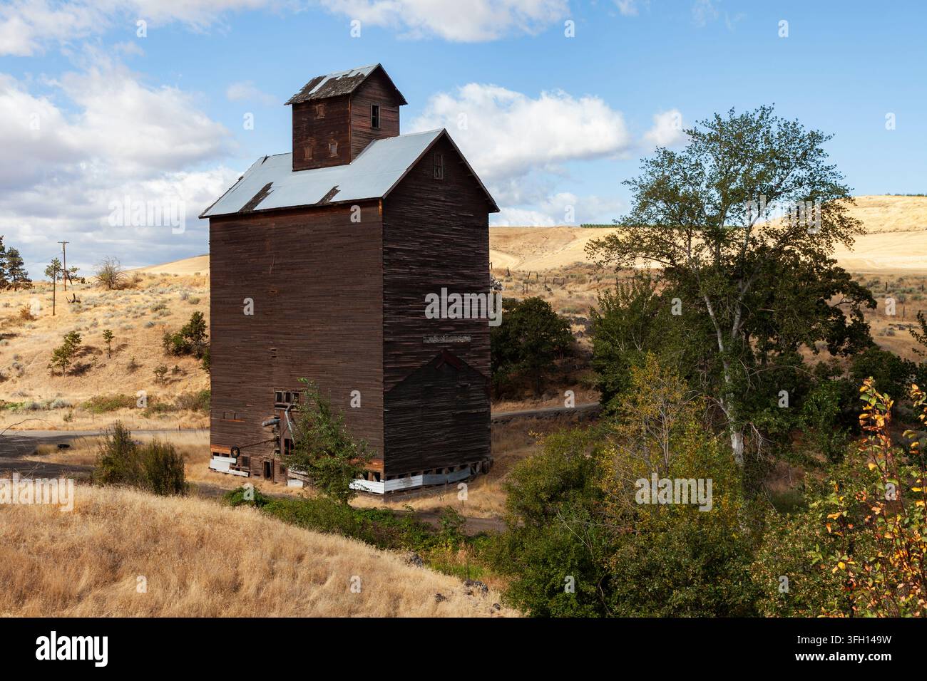 Storico elevatore di grano in legno nell'ex comunità di Boyd, Oregon, che si erge tra i campi di grano e le colline aride e ondulate della contea di Wasco. Foto Stock