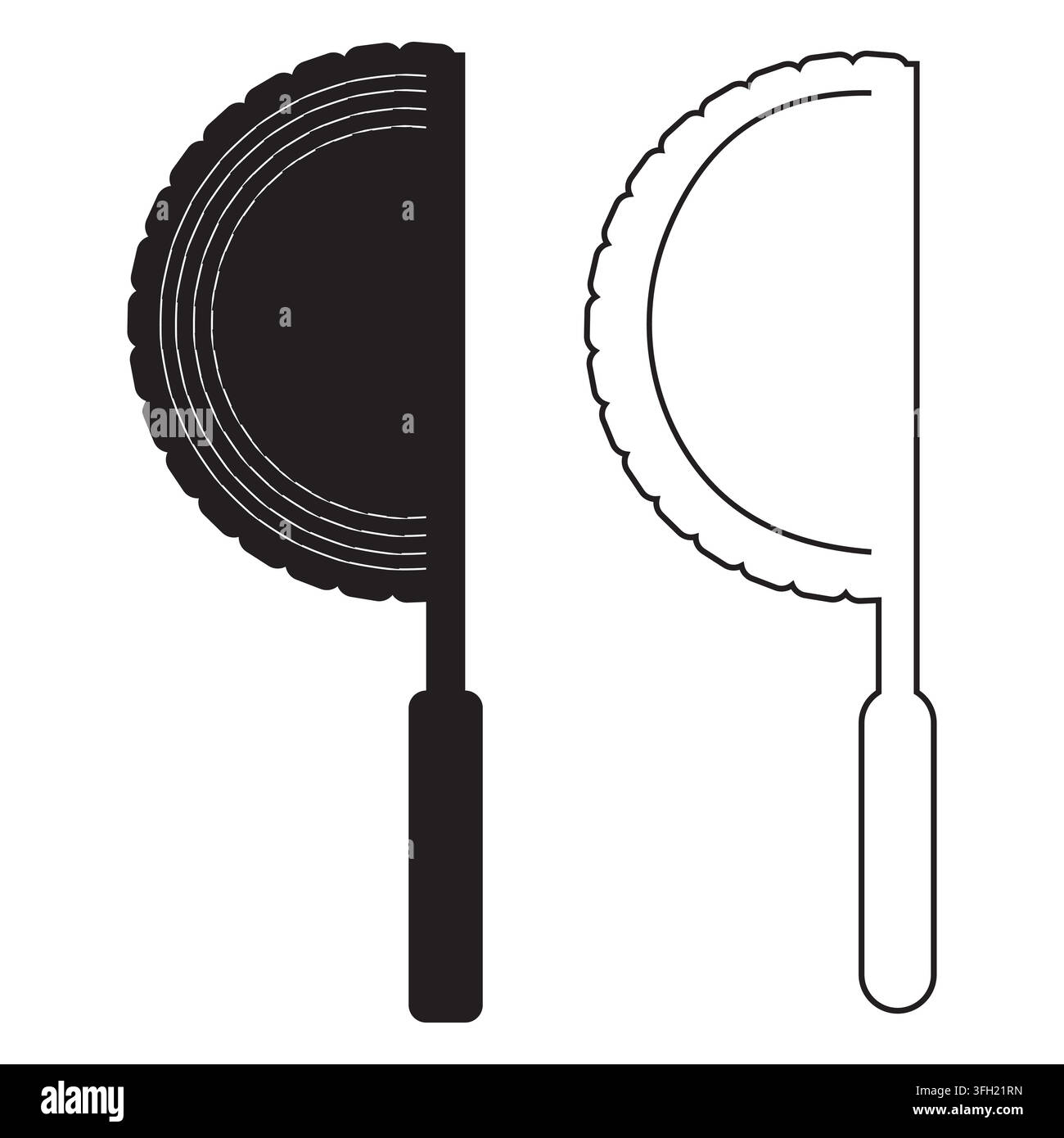 Un'illustrazione vettoriale che mostra una versione nera solida e una versione in contorno bianco di un ventaglio semicircolare con un bordo decorativo a forma di conchiglia e un manico. Illustrazione Vettoriale
