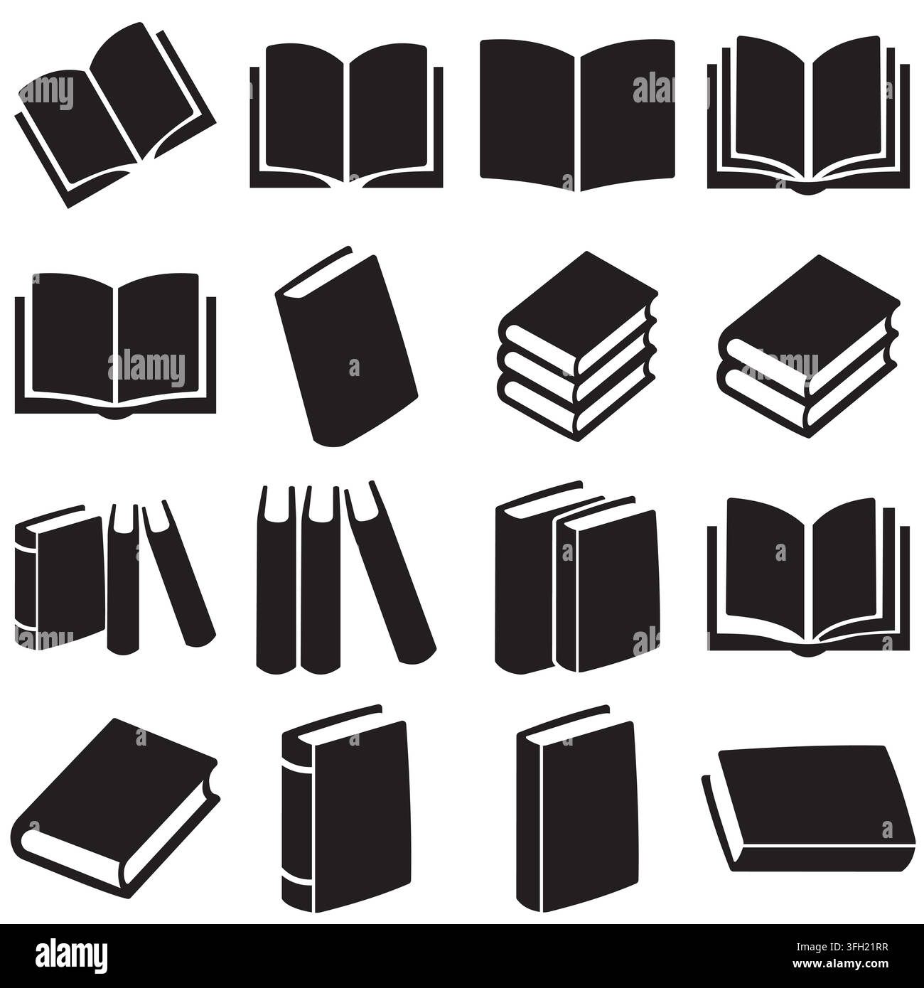 Una raccolta di sedici icone di libri diverse, tra cui libri aperti, libri impilati e dorsi di libri in piedi, presentati in semplici silhouette nere Illustrazione Vettoriale