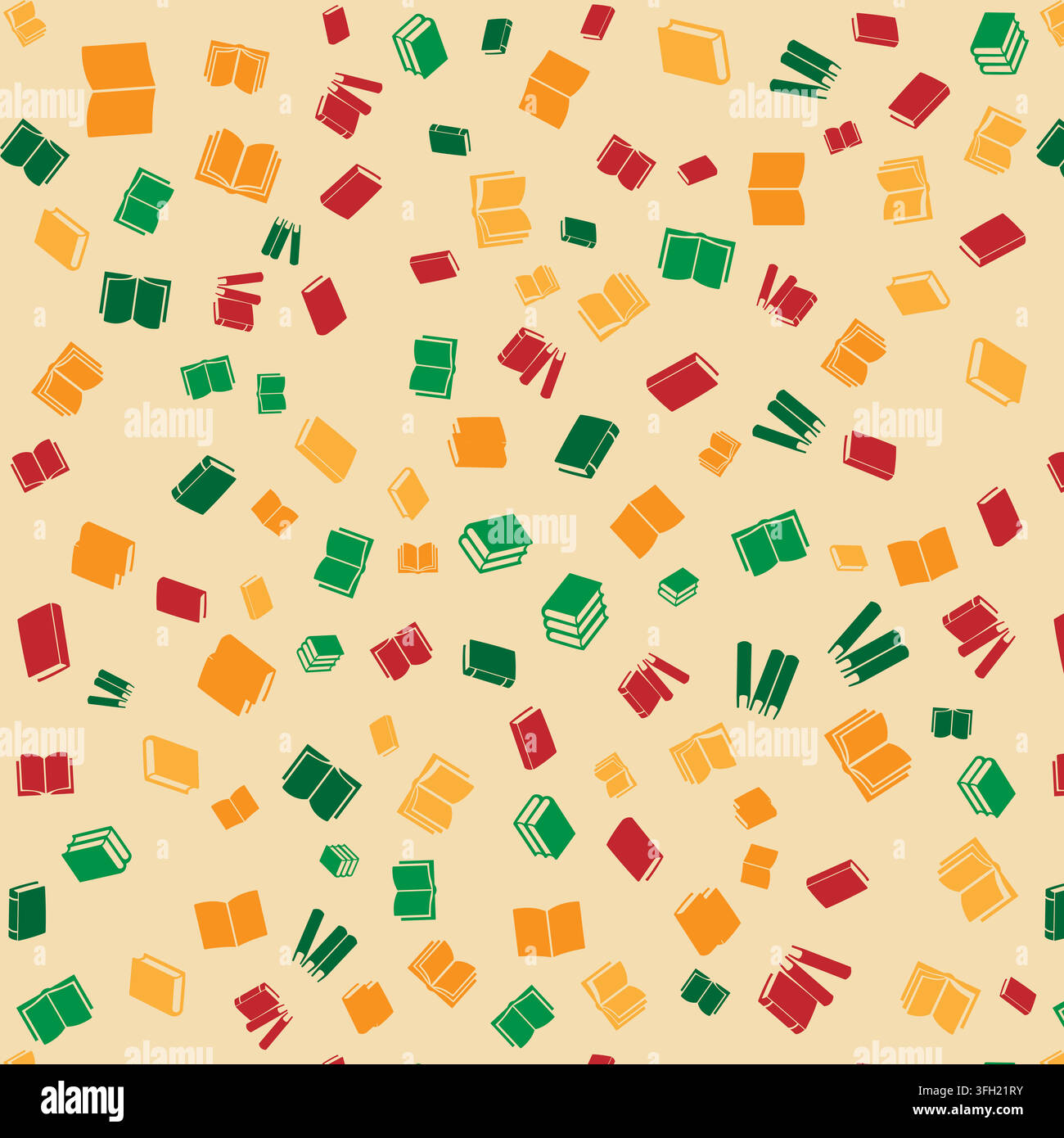 Un modello ripetitivo con vari libri stilizzati aperti e chiusi in rosso, verde e arancione, sparsi su uno sfondo beige chiaro. Illustrazione Vettoriale