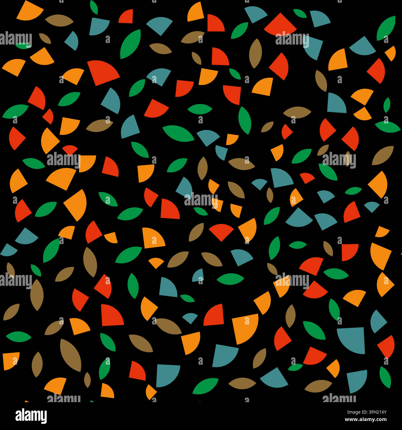 Un modello senza cuciture vivace con forme geometriche astratte sparse tra cui foglie, triangoli e segmenti circolari in arancione, verde, blu e Illustrazione Vettoriale