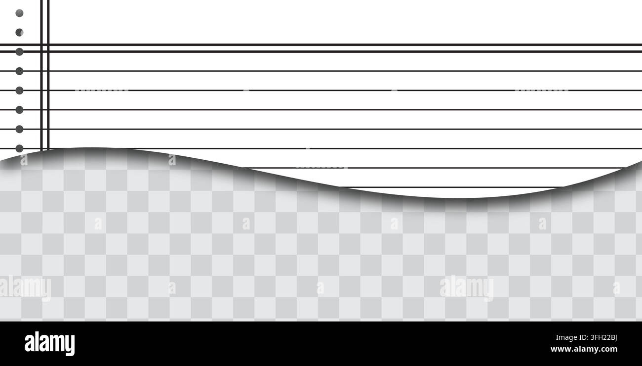 Un realistico foglio di carta a righe strappato con un margine verticale, caratterizzato da un'ombra morbida e un'area di sfondo trasparente. Illustrazione Vettoriale