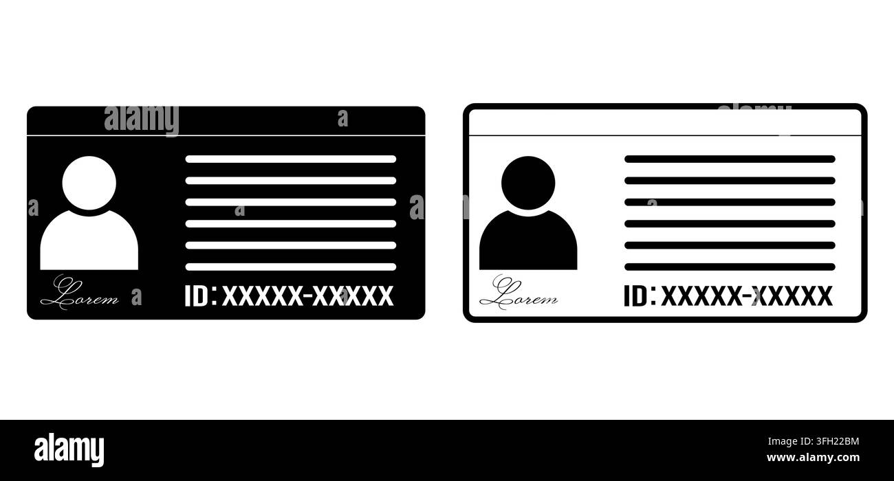Un insieme di due icone di carta d'identità con una silhouette del profilo utente e un numero di identificazione segnaposto, presentati in stili positivo e negativo Illustrazione Vettoriale