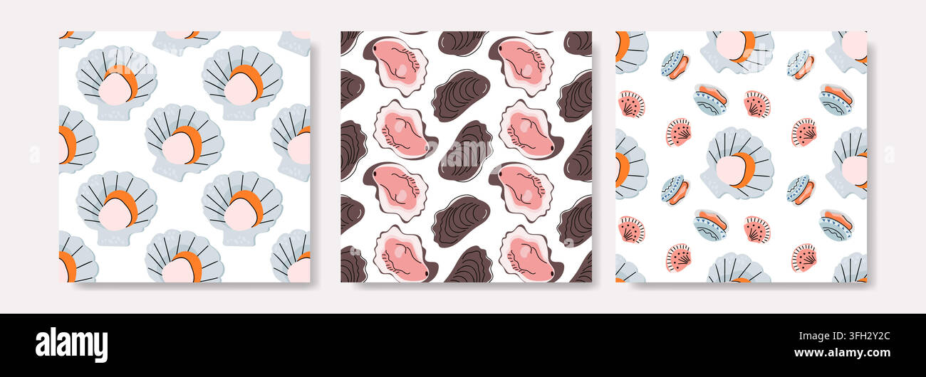 Set di motivi senza cuciture con gusci di ostrica e capesante Illustrazione Vettoriale