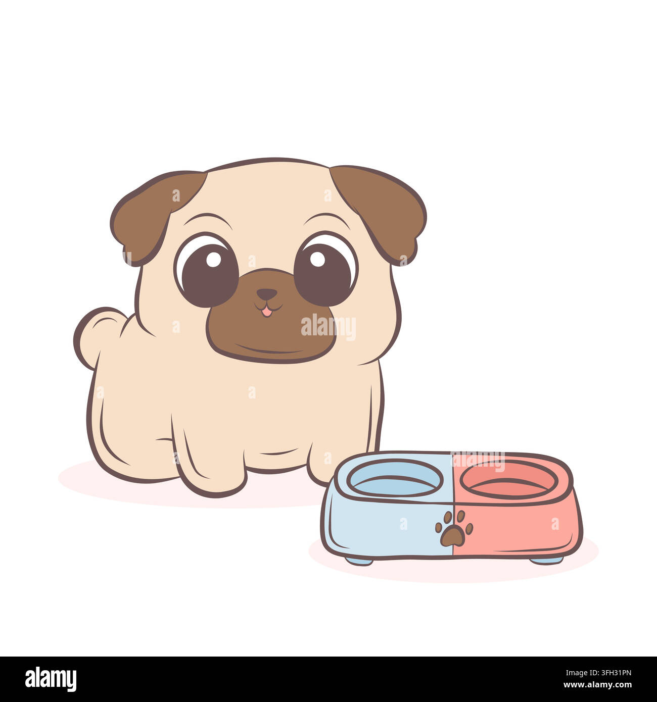 Illustrazione vettoriale di un carlino carino e una ciotola per animali domestici Illustrazione Vettoriale