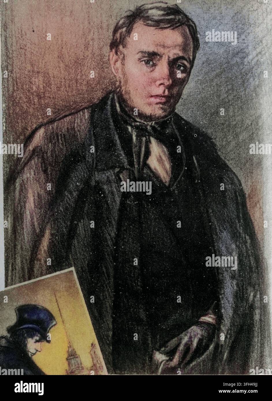 Il giovane Fyodor Dostoevsky negli anni '1840 Autolithograph dell'artista Mikhail Rojter. Dostoevskij fu filosofo russo, romanziere, scrittore di racconti brevi, saggista Foto Stock