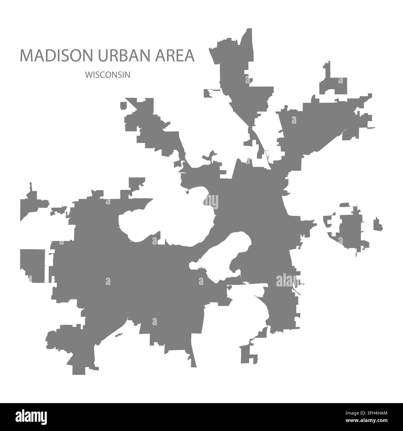 Mappa vettoriale piatta moderna dell'area urbana di Madison, Wisconsin, Stati Uniti. Silhouette dettagliata dei confini dell'area in grigio su sfondo bianco. Illustrazione Vettoriale