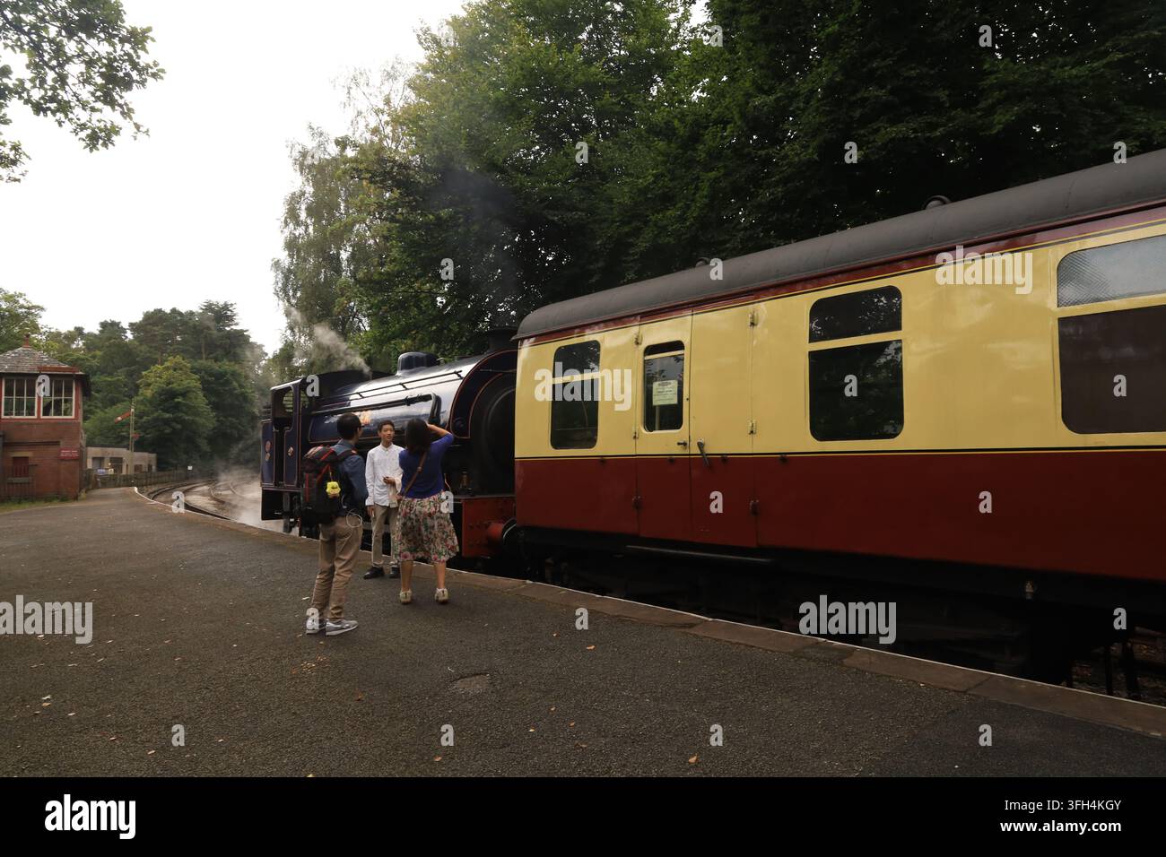 I turisti scattano foto alla stazione Lakeside del lago Windermere. La locomotiva a vapore blu è un grande successo tra i turisti e i viaggiatori. Foto Stock
