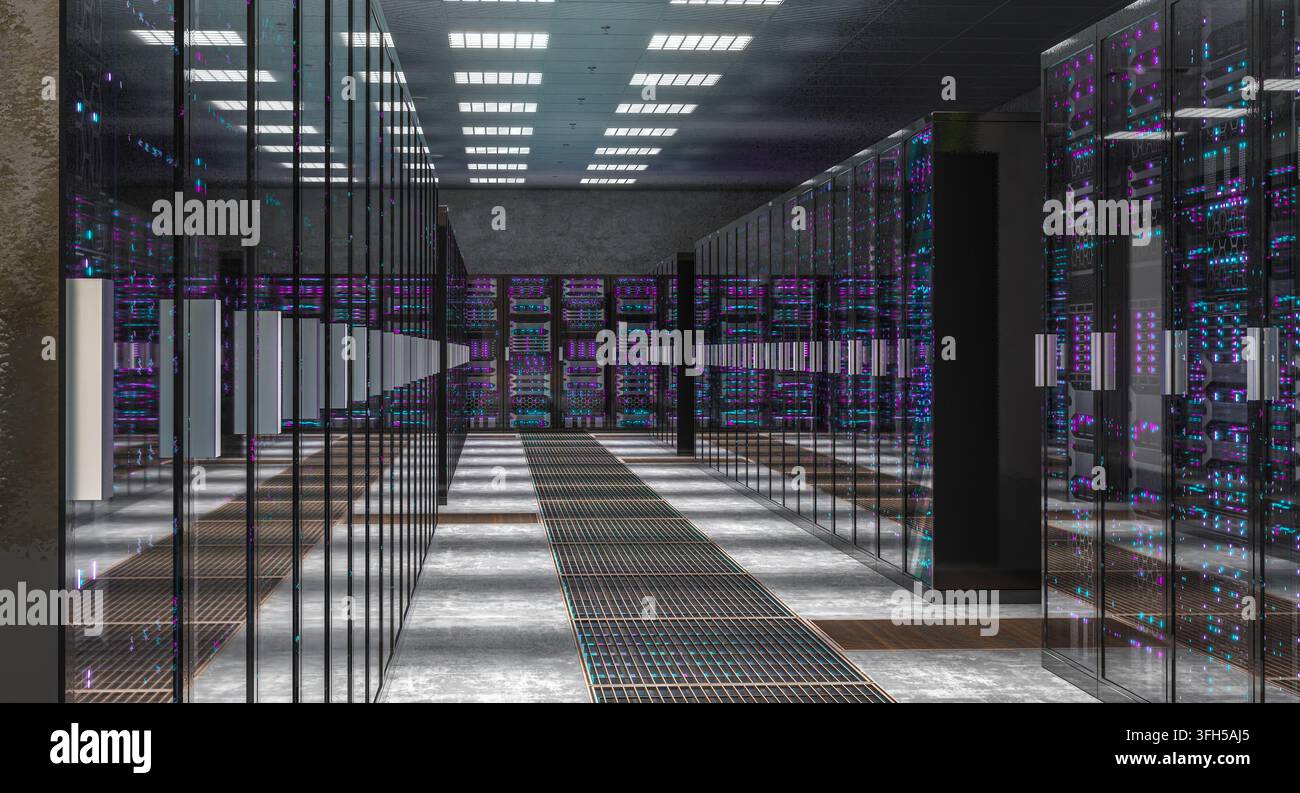 Sala server 3D contenente rack di rete Foto Stock